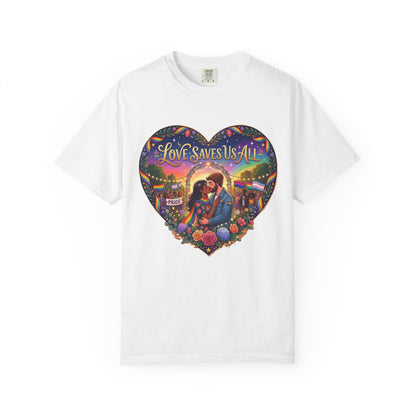 Love Saves Us All heart illustration LGBTQ T-shirt | Romantic couple, colorful sunset graphic scene tee