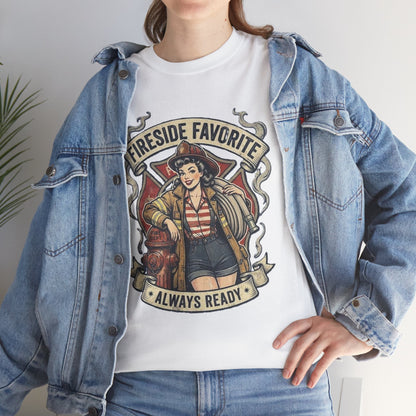 Fireside Favorite Pinup Firefighter Tee | Always Ready vintage badge