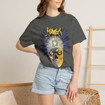 Camiseta Havok Conformicide Skull Sunburst Graphic | Arte de banda de thrash metal amarillo y azul