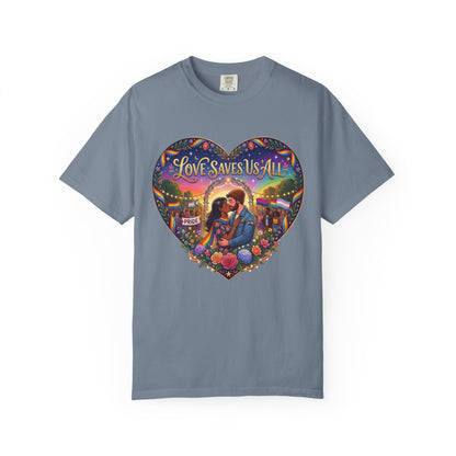 Love Saves Us All heart illustration LGBTQ T-shirt | Romantic couple, colorful sunset graphic scene tee