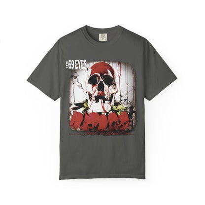 Camiseta The 69 Eyes Back In Blood con calavera y rosas | Camiseta gráfica de banda finlandesa de rock y metal gótico