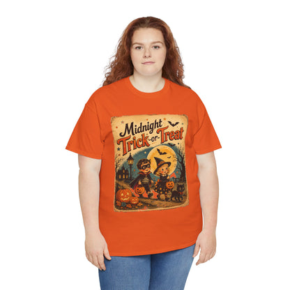 Camiseta de Halloween para niños "Midnight Trick-or-Treat" | Diseño vintage de gato y calabaza