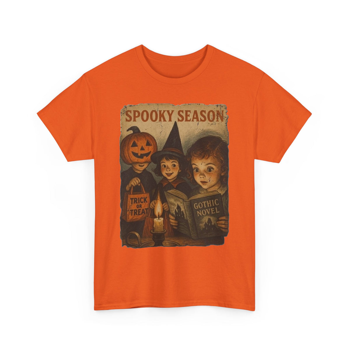 Camiseta gótica de novela de Halloween con bruja y calabaza de temporada espeluznante