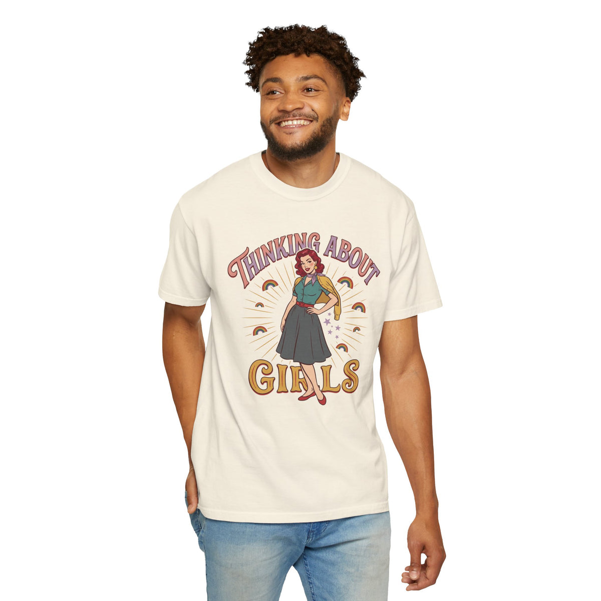 T-shirt style pin-up fierté LGBTQ Thinking About Girls | T-shirt avec illustration rétro