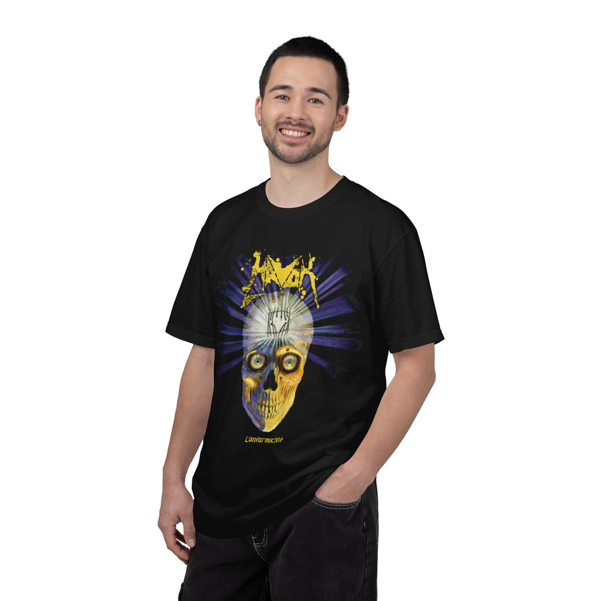 Camiseta Havok Conformicide Skull Sunburst Graphic | Arte de banda de thrash metal amarillo y azul
