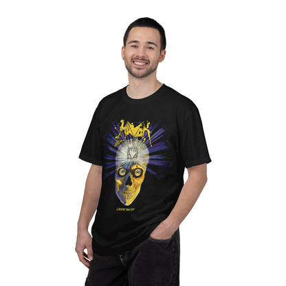 Camiseta Havok Conformicide Skull Sunburst Graphic | Arte de banda de thrash metal amarillo y azul