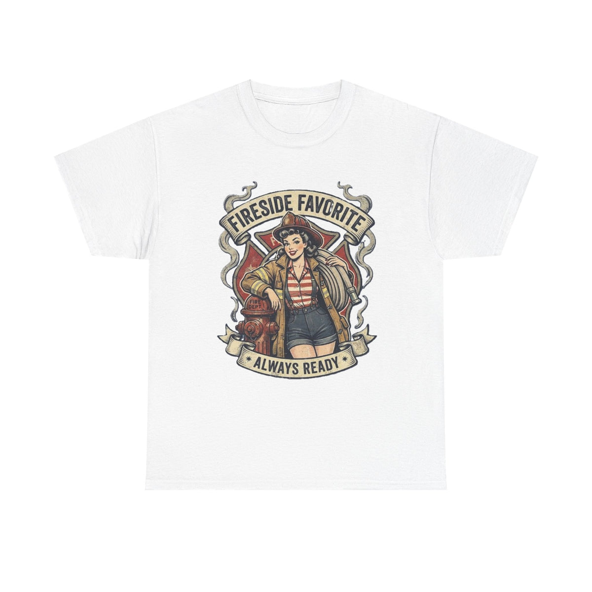Fireside Favorite Pinup Firefighter Tee | Always Ready vintage badge