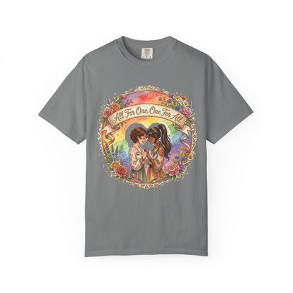 T-shirt Fierté LGBTQ « Tous pour un, un pour tous » | Illustration d'amour, motif de cœur floral