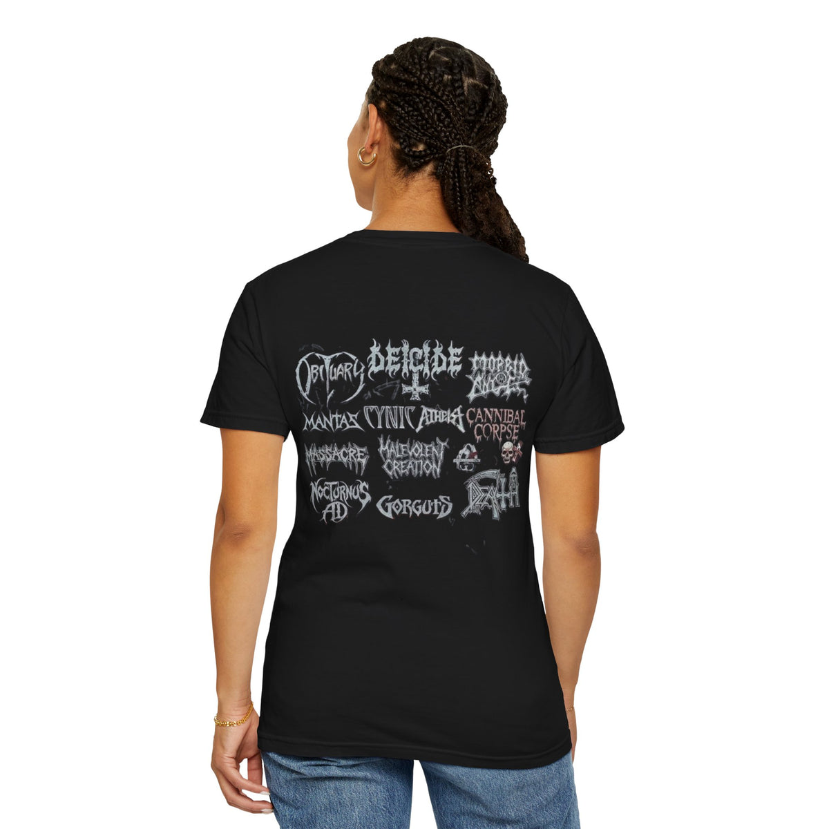 Camiseta de doble cara Death Metal No Compromise | Camiseta con collage de logotipos de bandas de Death Metal de Florida