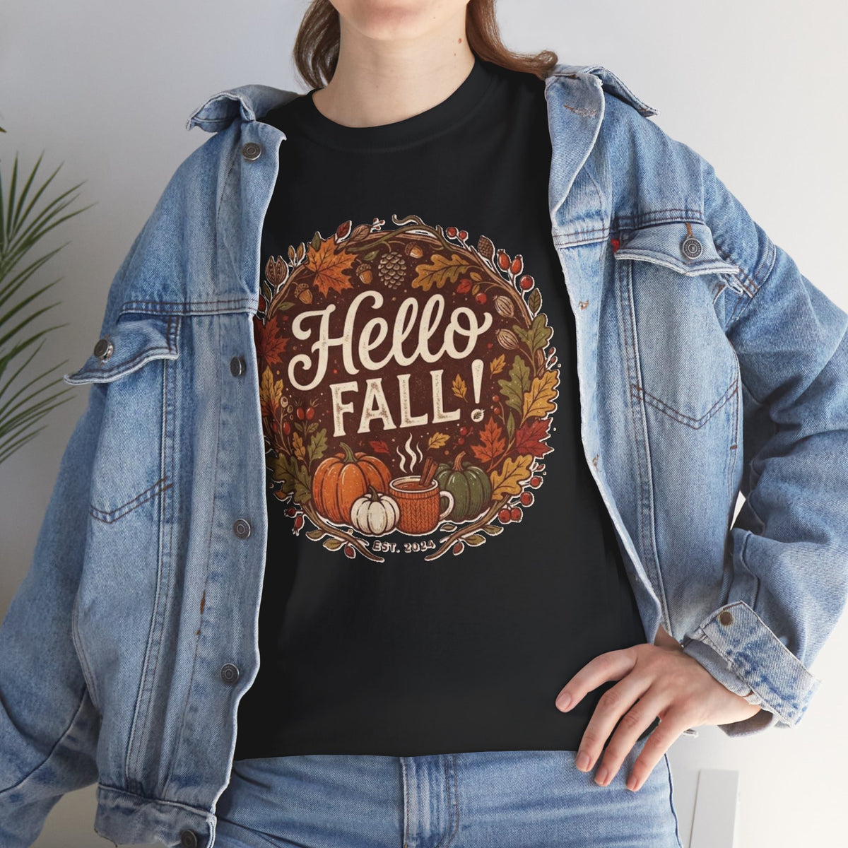 Hello Fall wreath Tee | Autumn pumpkins, leaves, cozy fall design