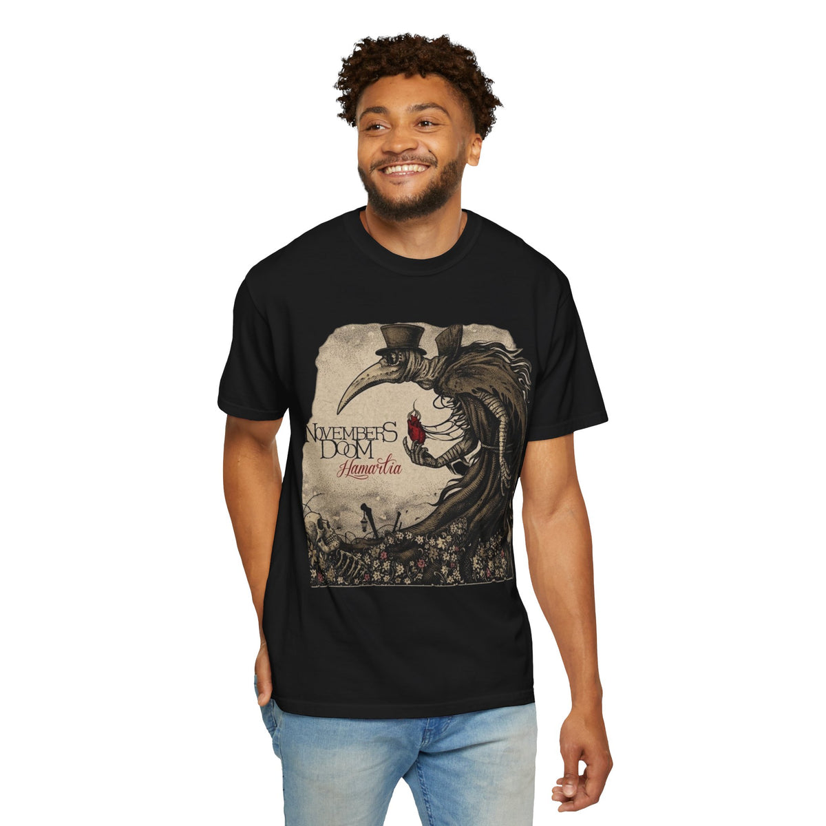 T-shirt du groupe de gothic doom metal Novembers Doom avec l'illustration médiévale de l'album Hamartia