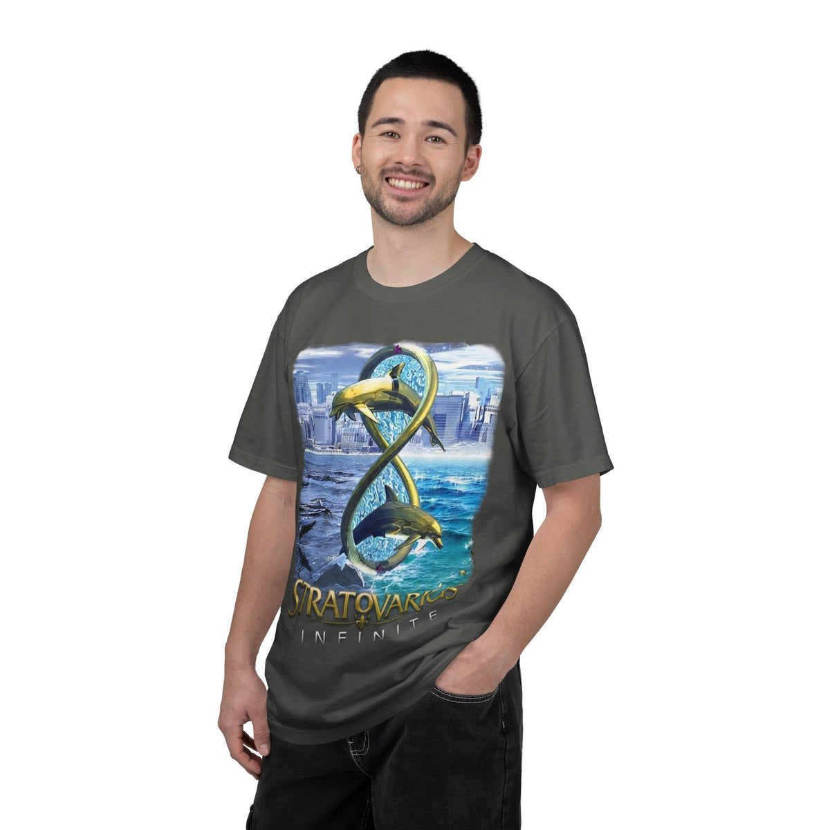 T-shirt Stratovarius Infinite avec logo dauphin | Illustration d'album de groupe de metal