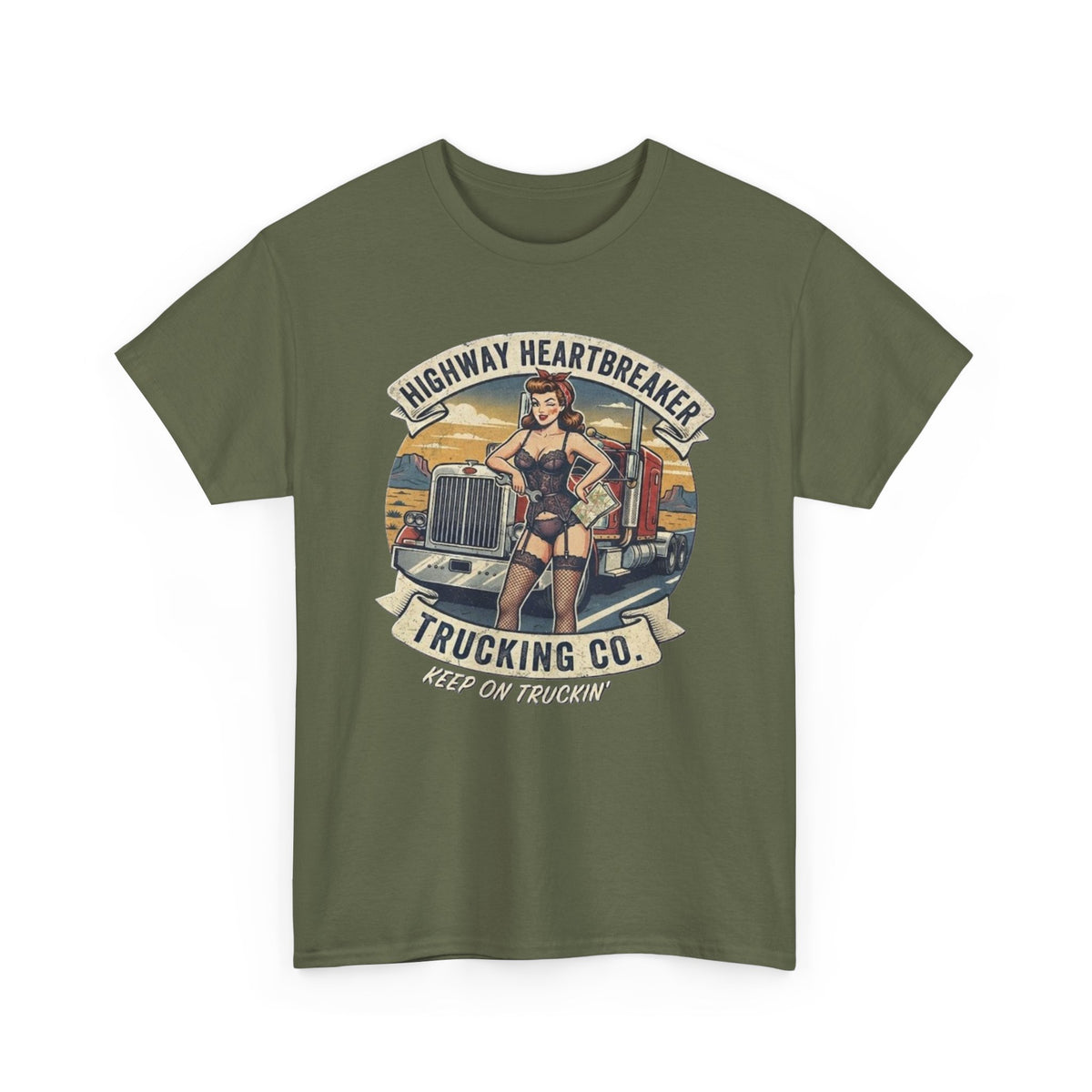 Highway Heartbreaker Trucking Co pinup girl T-Shirt | Trucker Rig Vintage Badge