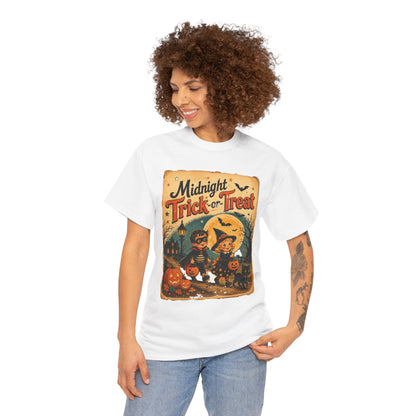 Camiseta de Halloween para niños "Midnight Trick-or-Treat" | Diseño vintage de gato y calabaza
