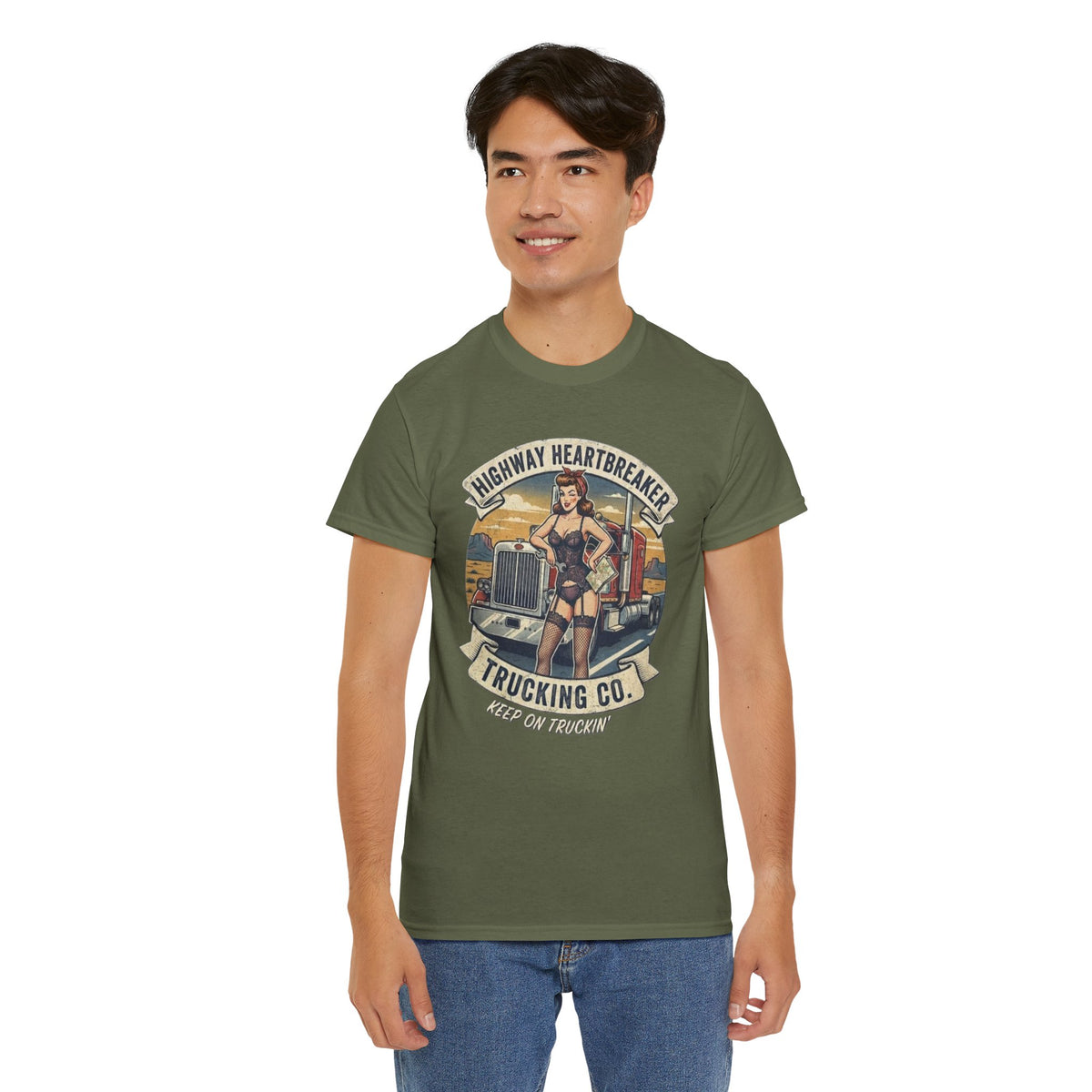 Highway Heartbreaker Trucking Co pinup girl T-Shirt | Trucker Rig Vintage Badge