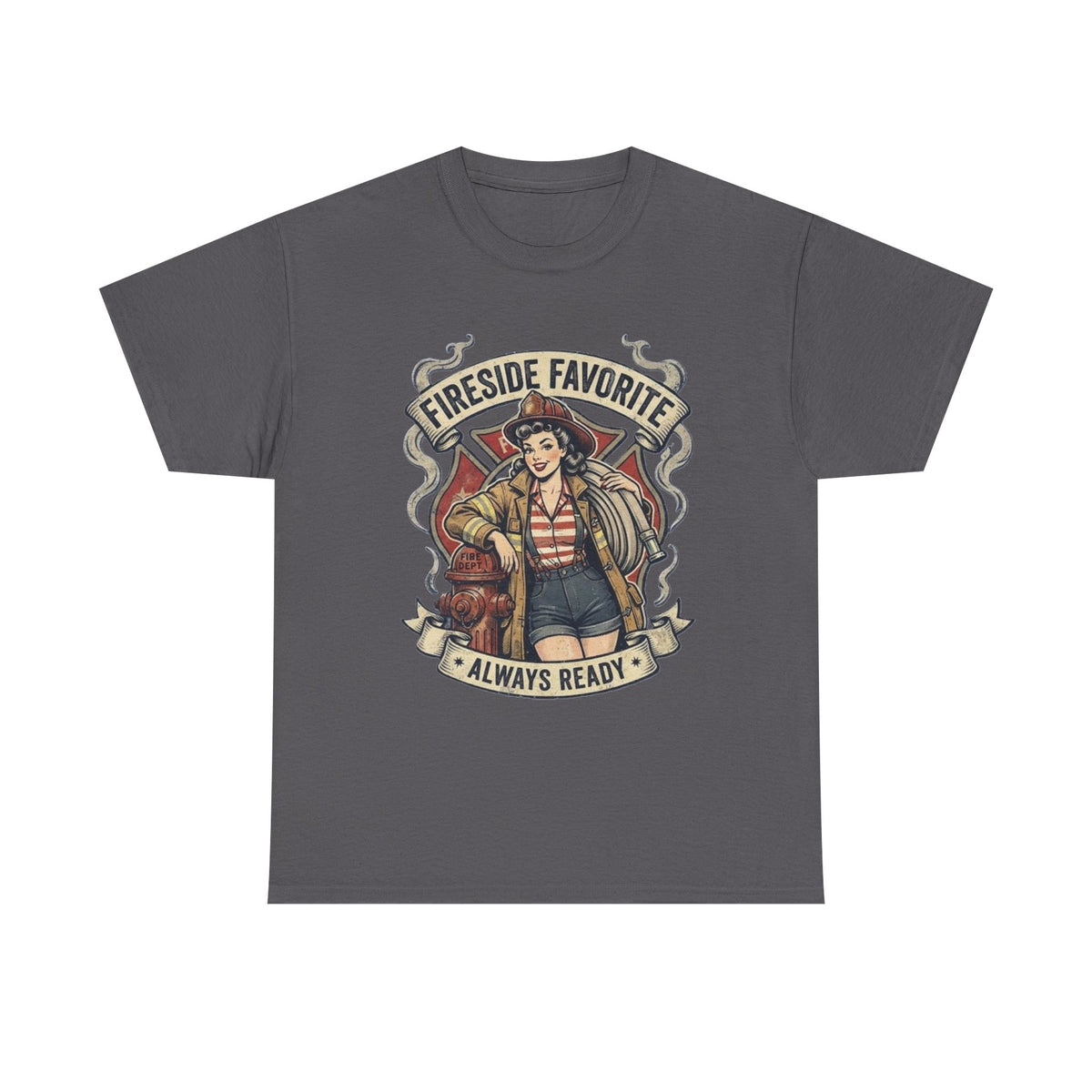 Fireside Favorite Pinup Firefighter Tee | Always Ready vintage badge