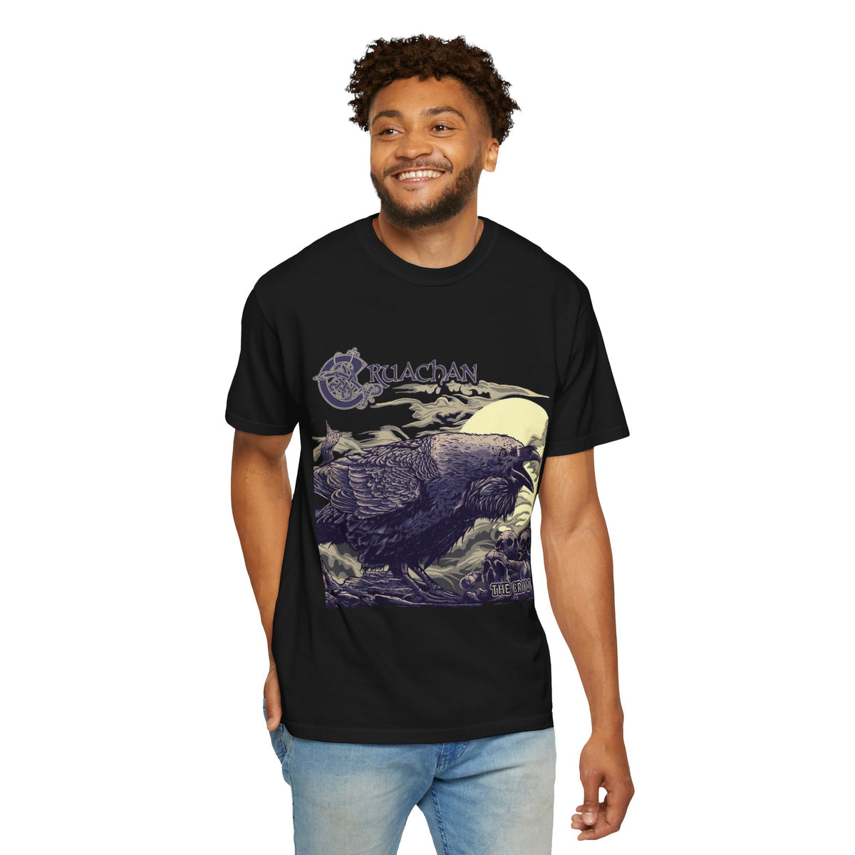 T-shirt avec illustration du corbeau de Cruachan | Folk Metal, illustration de corbeau celte, scène de ciel nocturne