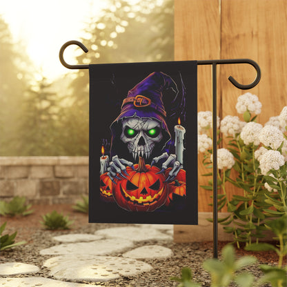 Skull Wizard with Jack-O'-Lantern Garden Flag | Halloween Yard Banner