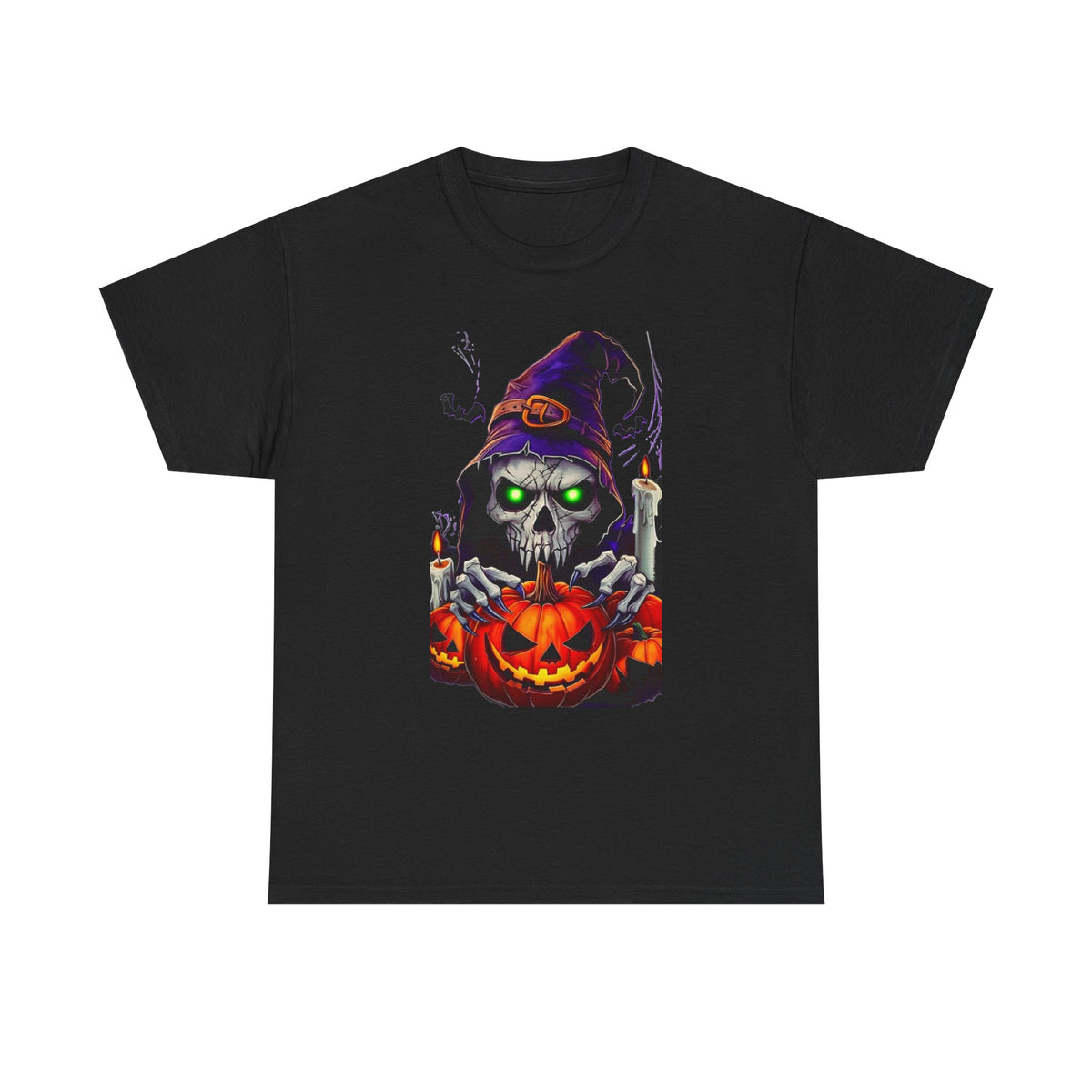 Grinning Skull Witch with Jack-O'-Lantern Tee | Halloween Skull Shirt