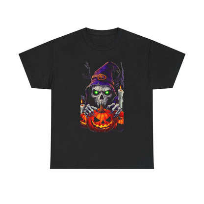 Grinning Skull Witch with Jack-O'-Lantern Tee | Halloween Skull Shirt