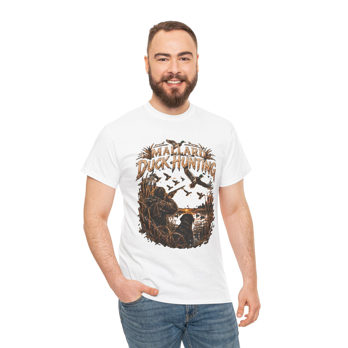 Camiseta de caza de pato azulón | Escena vintage de aves acuáticas, silueta de pantano