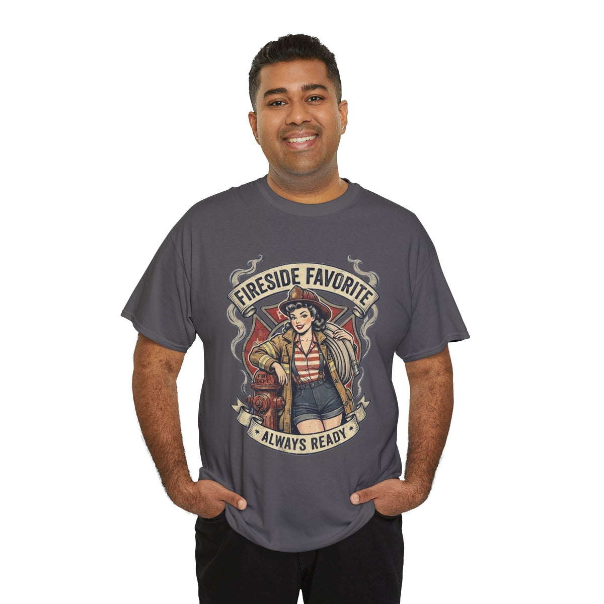 Fireside Favorite Pinup Firefighter Tee | Always Ready vintage badge