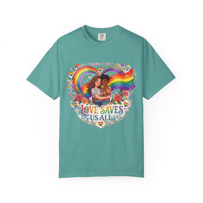 Love Saves Us All Rainbow heart LGBTQ Pride illustration T-Shirt | Pride queer couple design tee