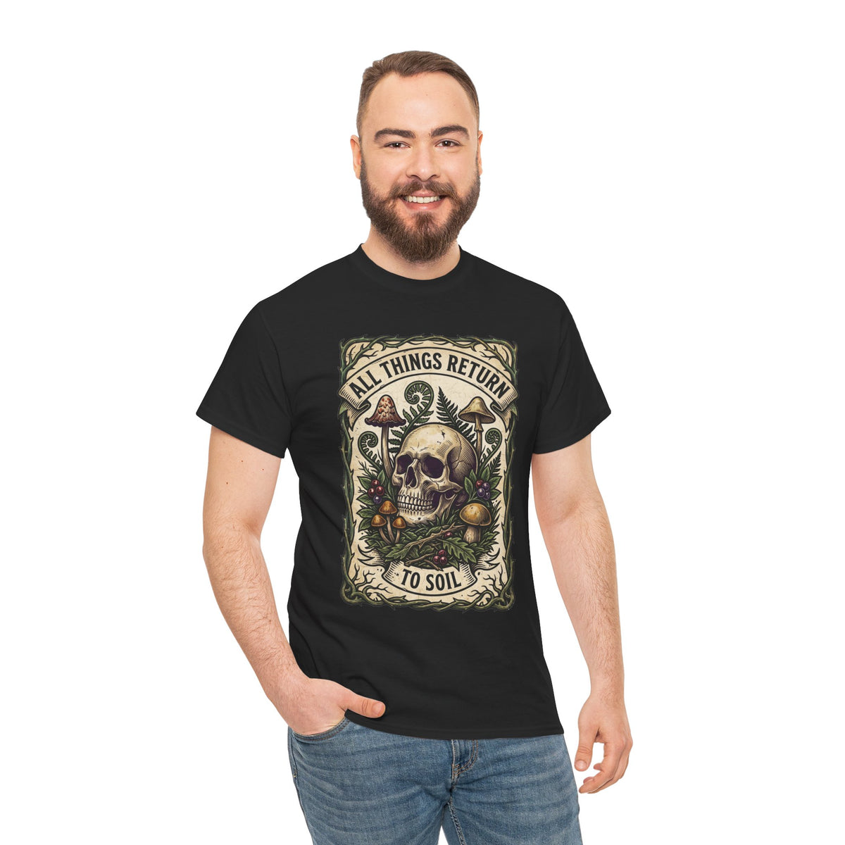 T-shirt tête de mort « All Things Return to Soil » | Motif champignons et botanique