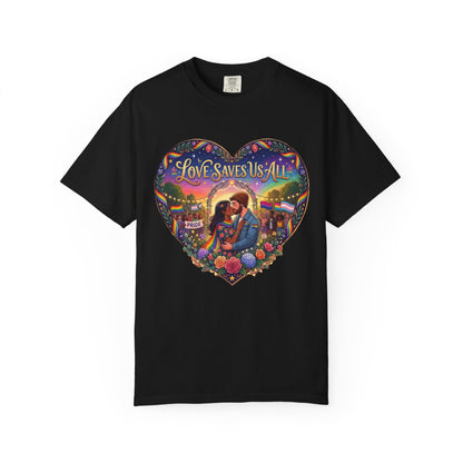 Love Saves Us All heart illustration LGBTQ T-shirt | Romantic couple, colorful sunset graphic scene tee