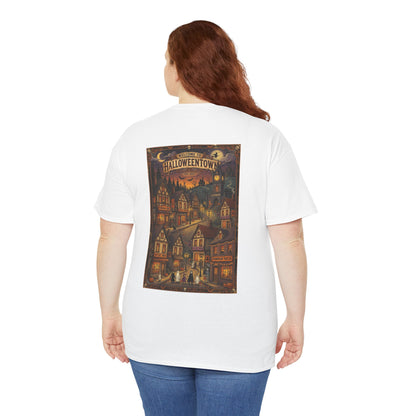 Halloweentown Illustration Double Sided T-Shirt | Spooky Village Nightscape