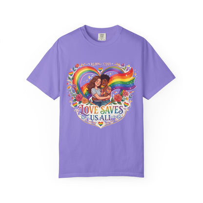 Love Saves Us All Rainbow heart LGBTQ Pride illustration T-Shirt | Pride queer couple design tee