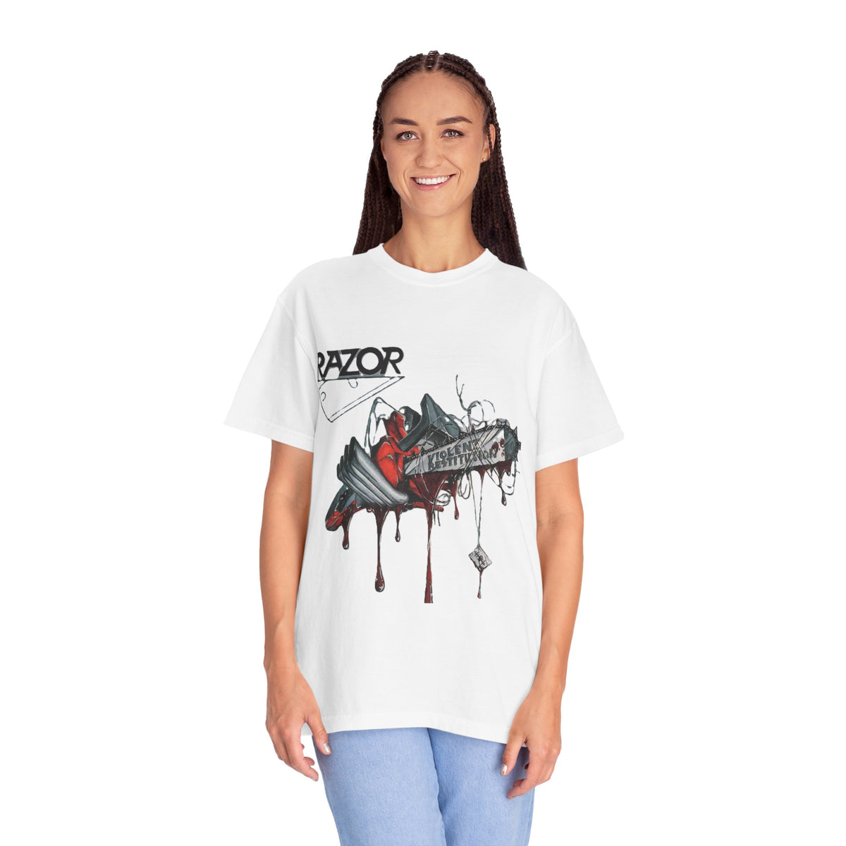 Camiseta de la banda de thrash metal Razor, diseño del álbum Violent Restitution con una motosierra goteando sangre