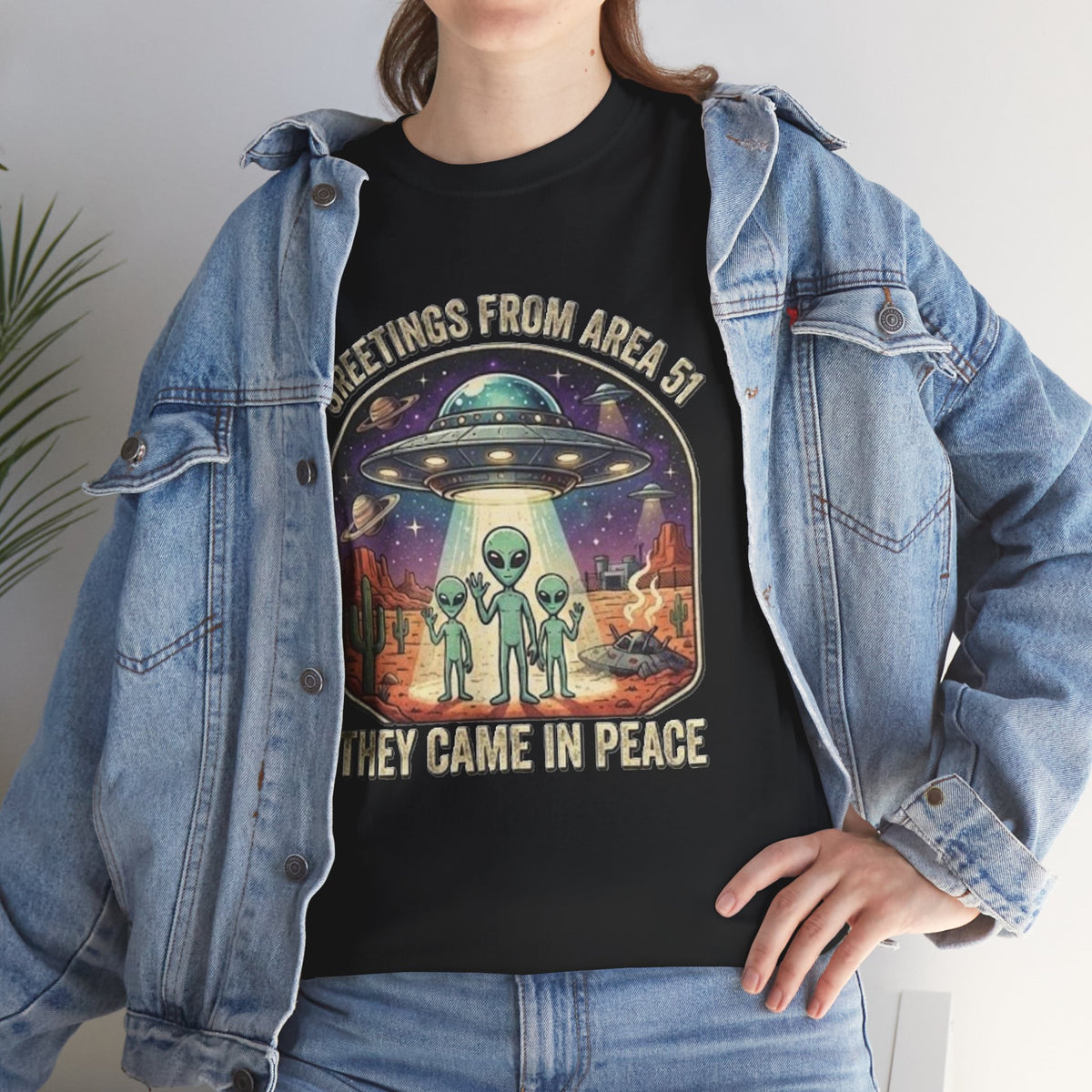 Greetings From Area 51 They Came In Peace Tee | Alien UFO Desert Scene
