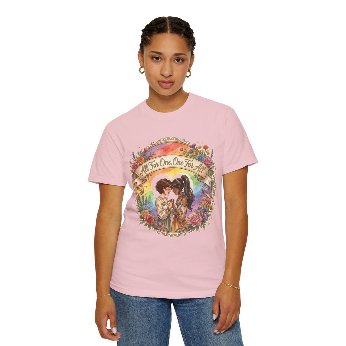 T-shirt Fierté LGBTQ « Tous pour un, un pour tous » | Illustration d'amour, motif de cœur floral