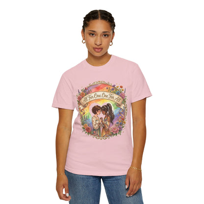 T-shirt Fierté LGBTQ « Tous pour un, un pour tous » | Illustration d'amour, motif de cœur floral