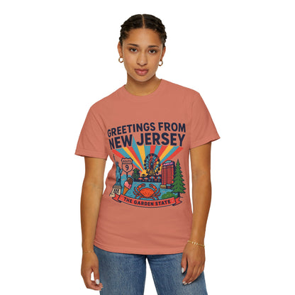 Camiseta «Saludos desde Nueva Jersey» | Diseño de postal del Estado Jardín de Nueva Jersey