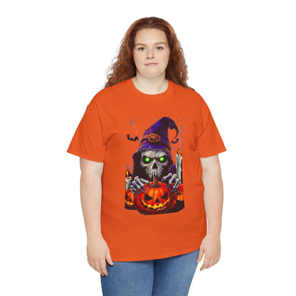 Grinning Skull Witch with Jack-O'-Lantern Tee | Halloween Skull Shirt