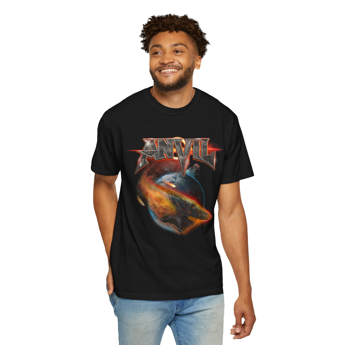 T-shirt avec logo du groupe Anvil | t-shirt heavy metal avec motif de planète en feu