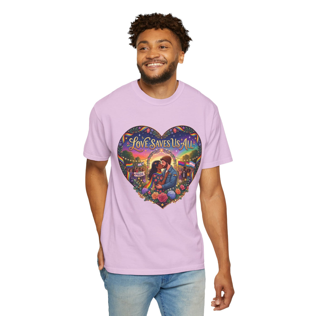 Love Saves Us All heart illustration LGBTQ T-shirt | Romantic couple, colorful sunset graphic scene tee