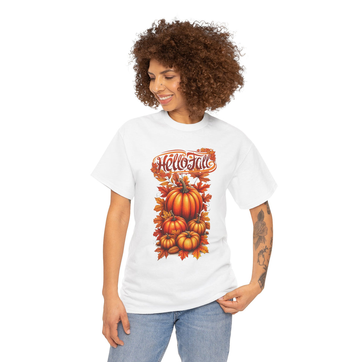 Hello Fall Pumpkin Stack T-Shirt | Autumn Leaves Tee