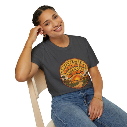 T-shirt Take It Easy sunset road | graphique rétro coucher de soleil et palmiers