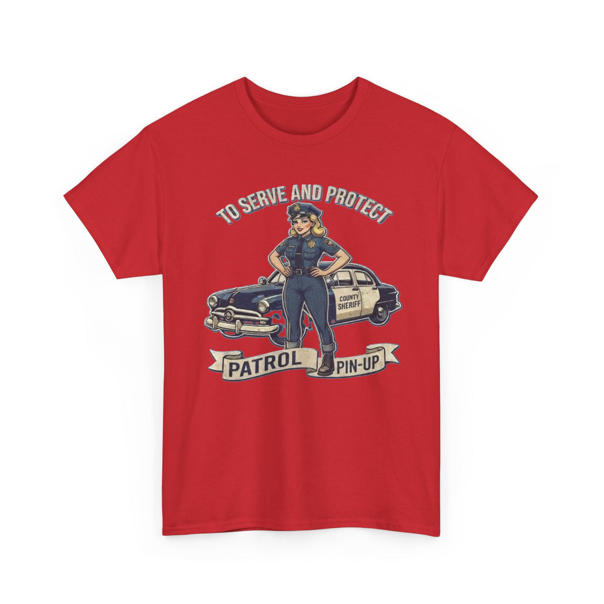 Patrol Pin-Up Policewoman T-Shirt | To Serve and Protect Vintage Car Design