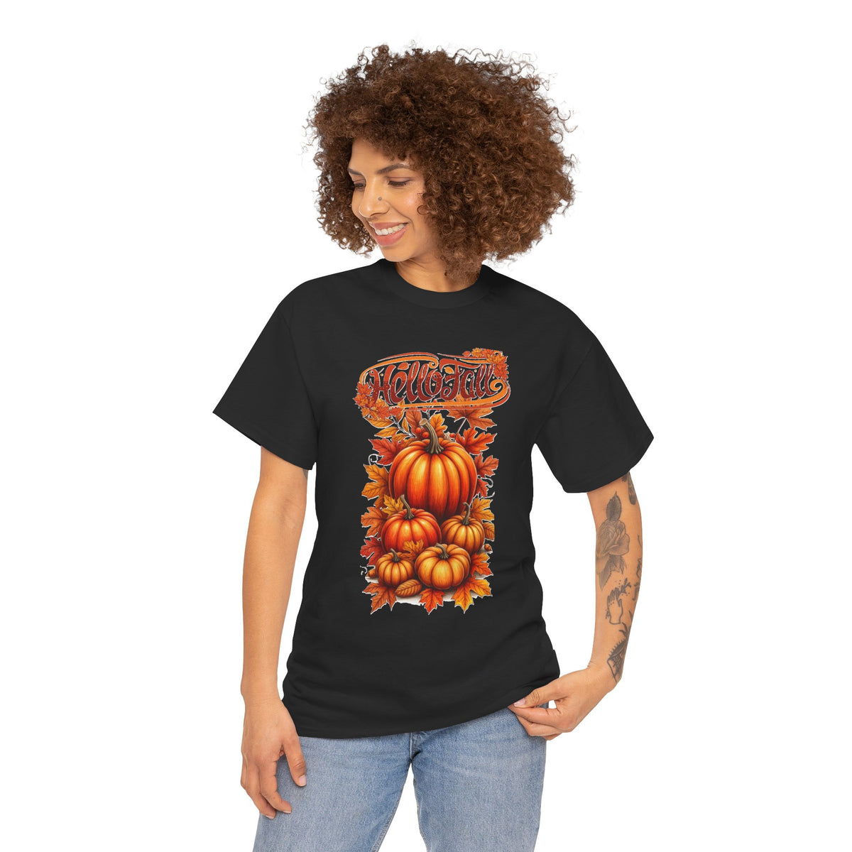 Hello Fall Pumpkin Stack T-Shirt | Autumn Leaves Tee