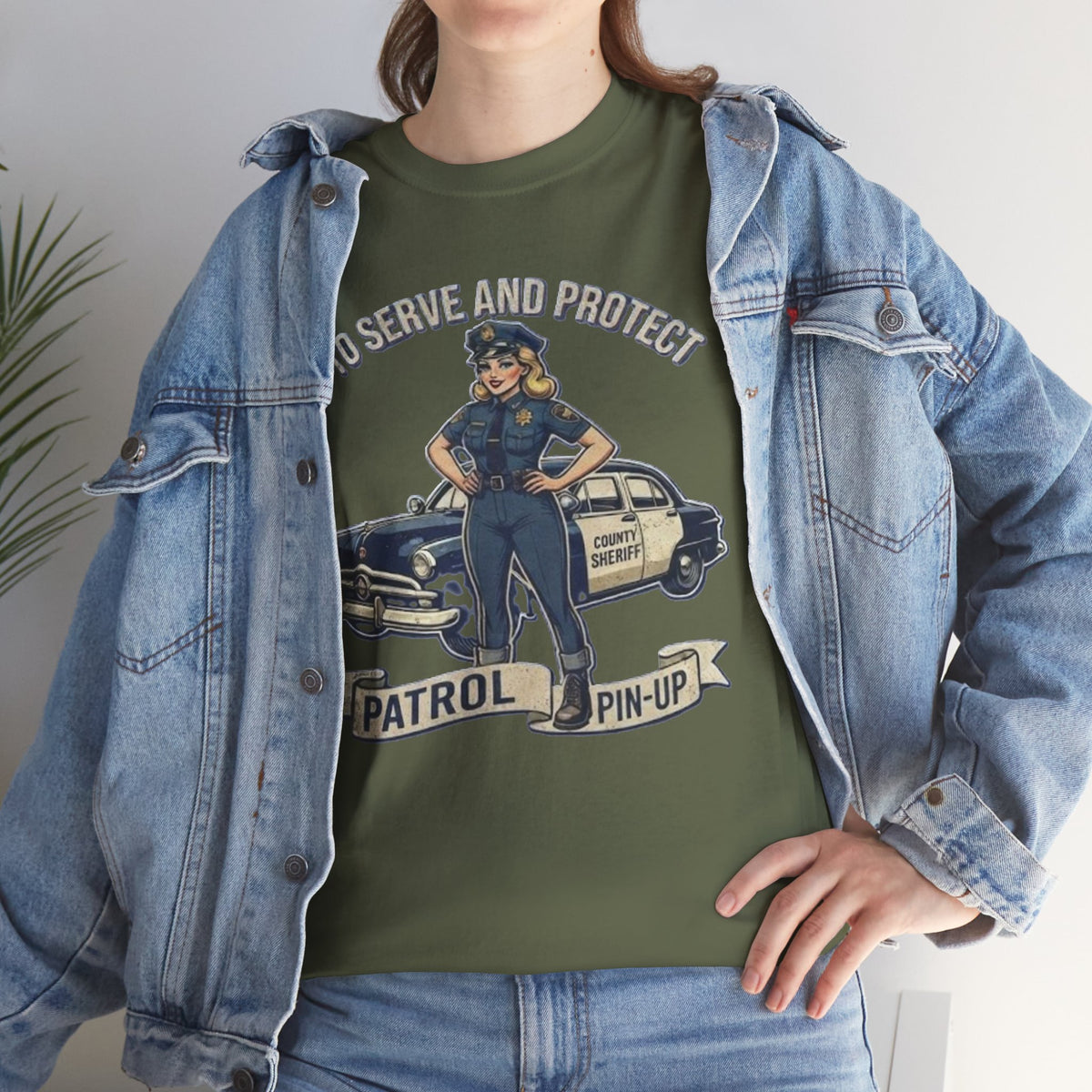 Patrol Pin-Up Policewoman T-Shirt | To Serve and Protect Vintage Car Design