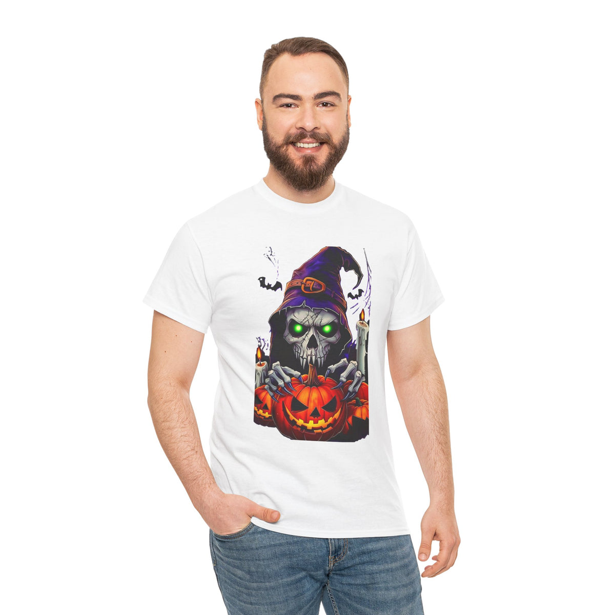 Grinning Skull Witch with Jack-O'-Lantern Tee | Halloween Skull Shirt