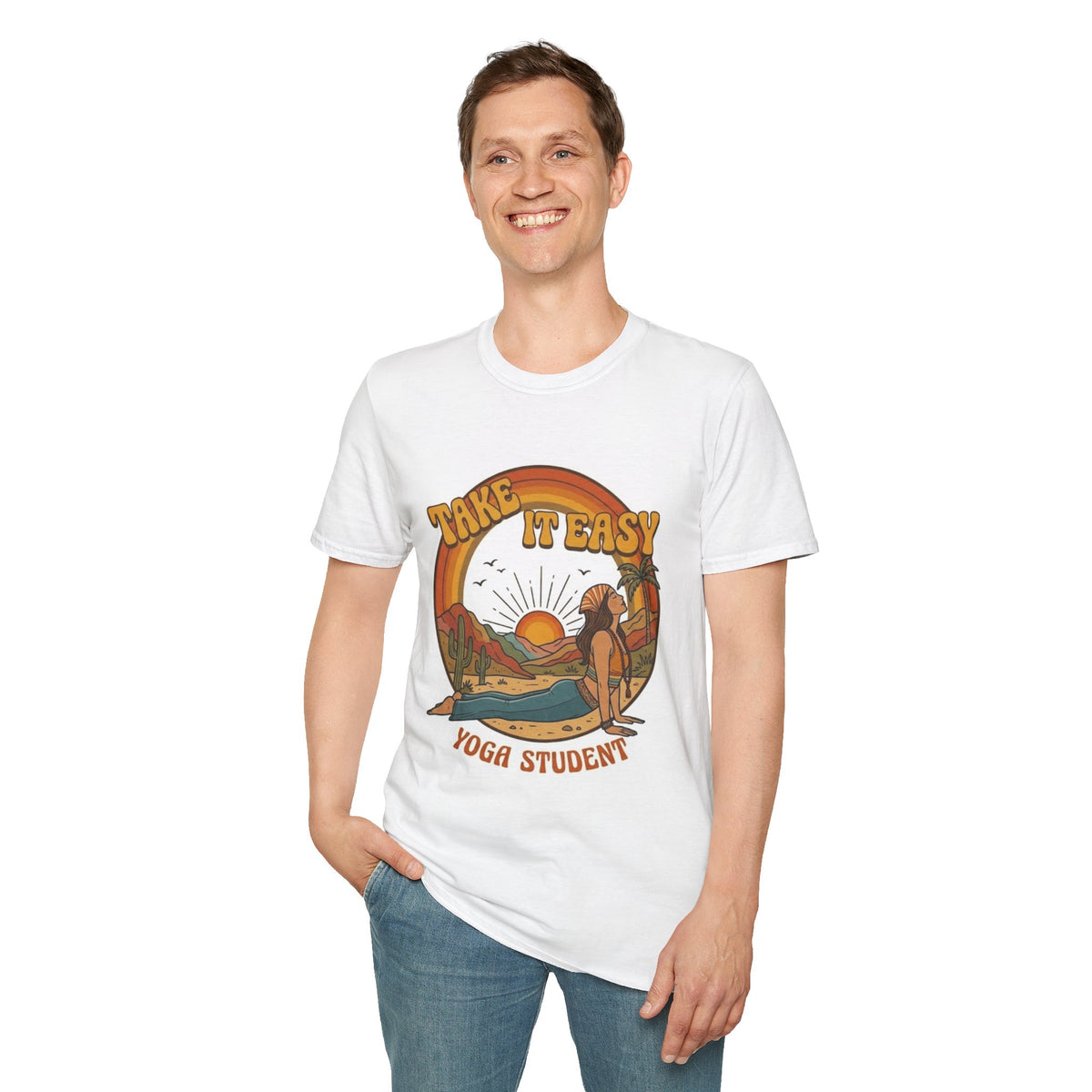 Take It Easy Yoga Student T-Shirt | Retro Sunset Surfing Pose