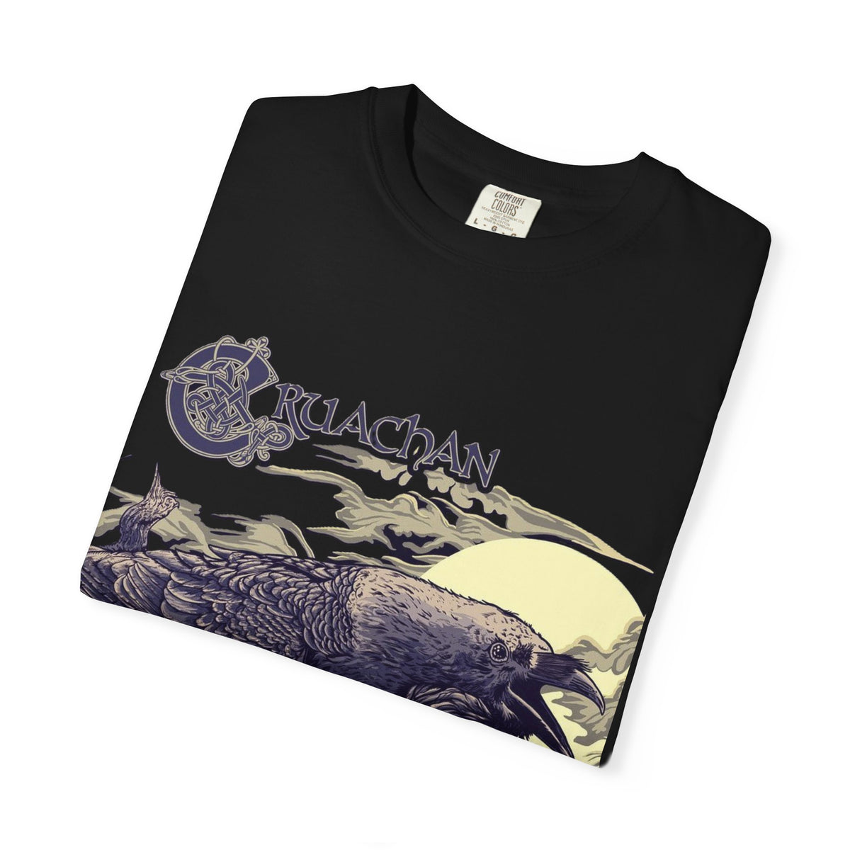T-shirt avec illustration du corbeau de Cruachan | Folk Metal, illustration de corbeau celte, scène de ciel nocturne