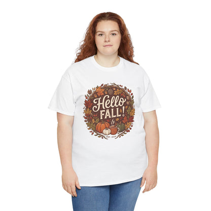 Hello Fall wreath Tee | Autumn pumpkins, leaves, cozy fall design