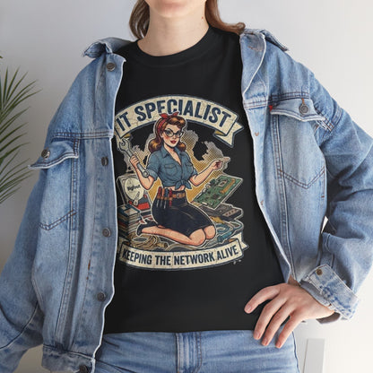 IT Specialist pinup graphic tee | T-Shirt, Keeping the Network Alive design
