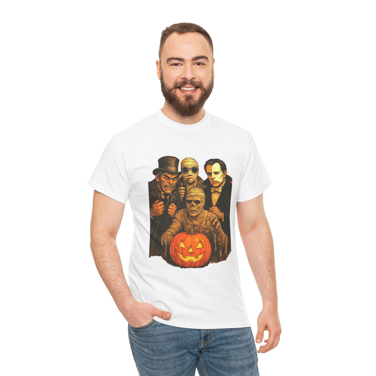 T-shirt Monstres classiques de l'horreur avec lanterne Jack-O'-Lantern | T-shirt équipe des monstres d'Halloween
